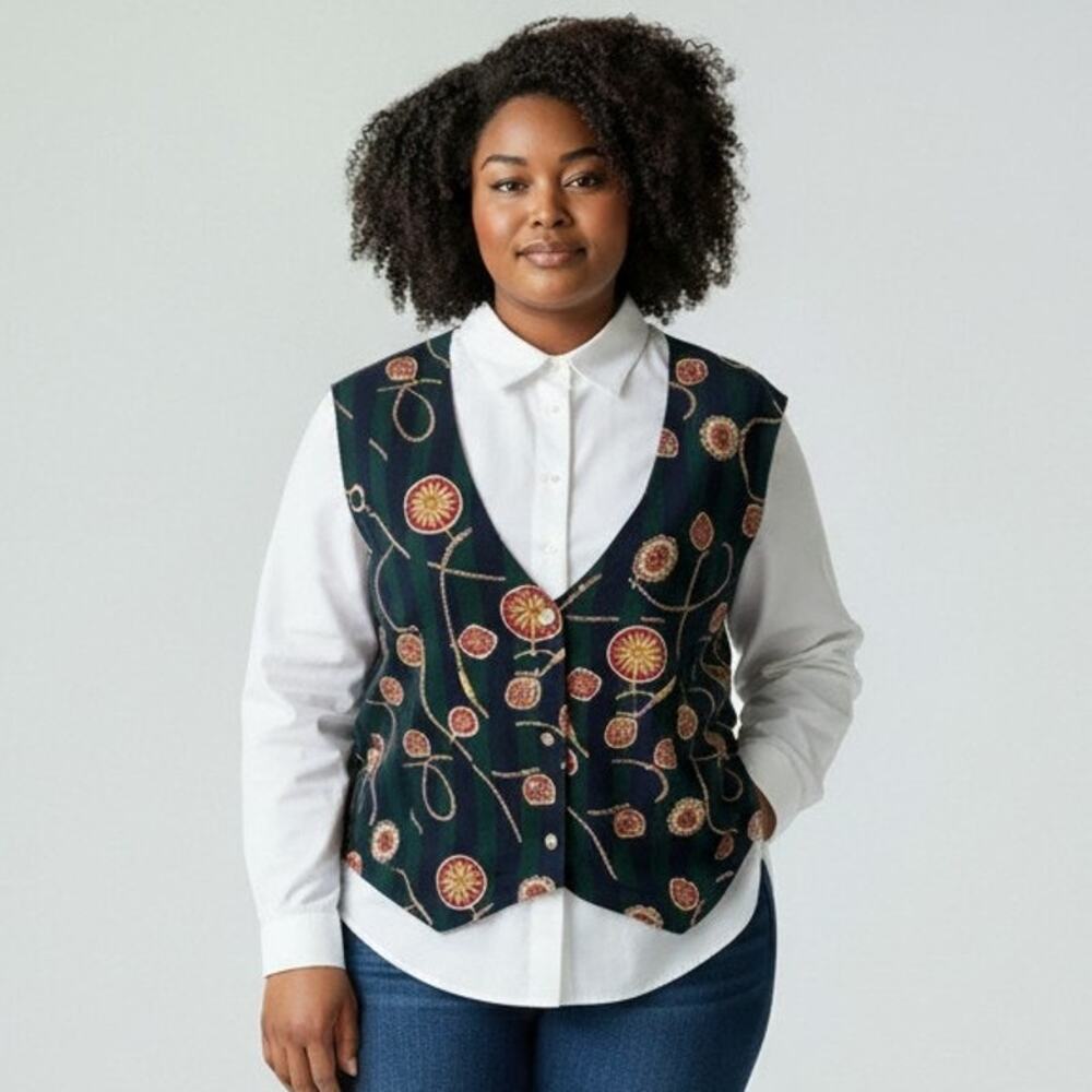 Vintage Joan Leslie Womens 18 Sheer White Blouse Attached Vest Button Down Plus